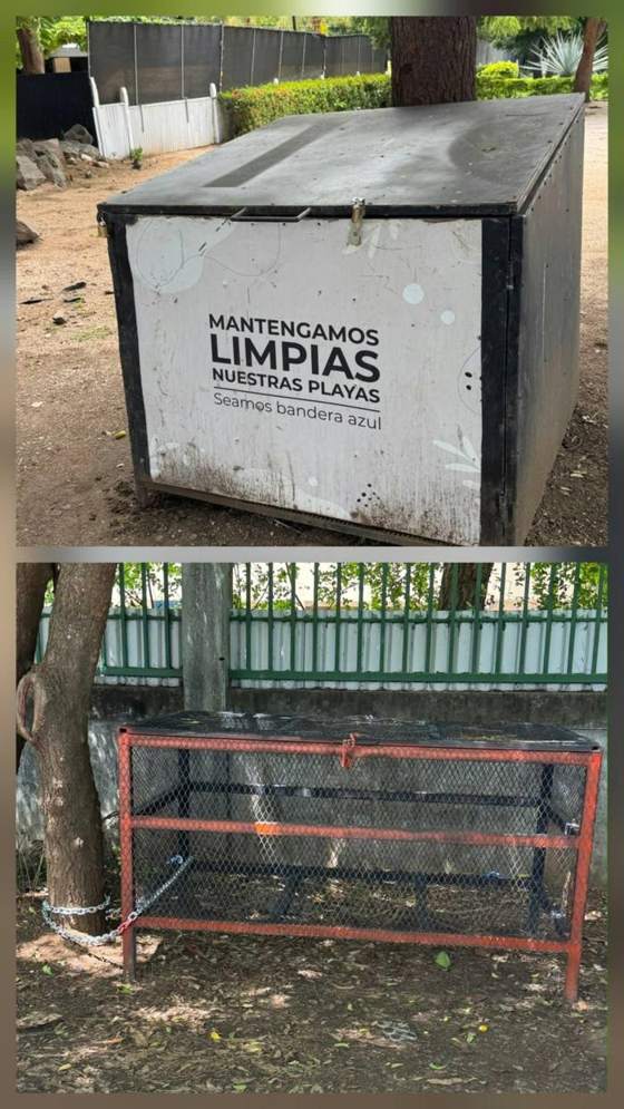 A waste-storage enclosure built from community donations.